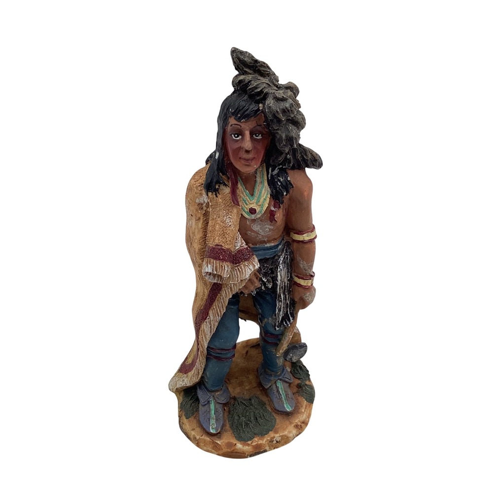 Native American Warrior Figurine Tomahawk Fringed‎ Robe Resin Statue 4.5"